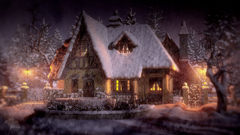 Snow-covered Cottage — White, Cozy, Night, Digital Art, Snow