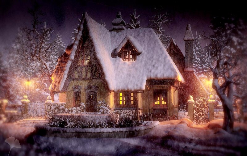 Snow-covered Cottage — White, Cozy, Night, Digital Art