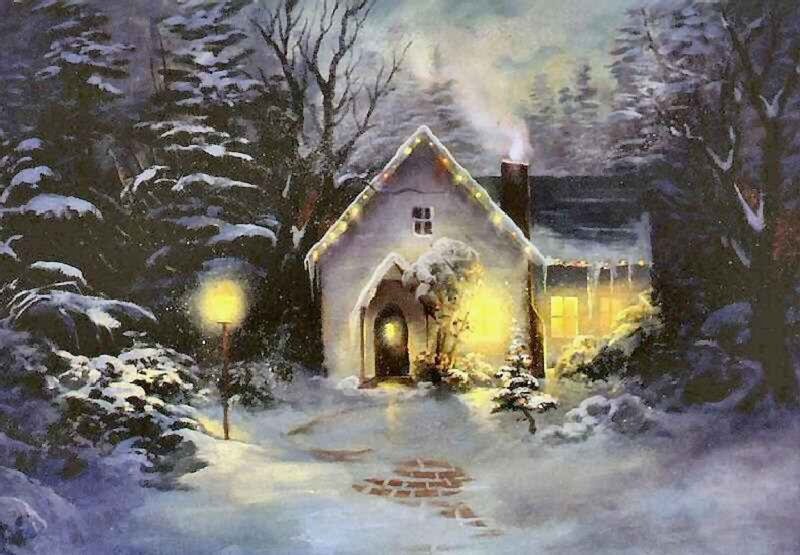 Snow-covered Cottage — White, Cozy, Night