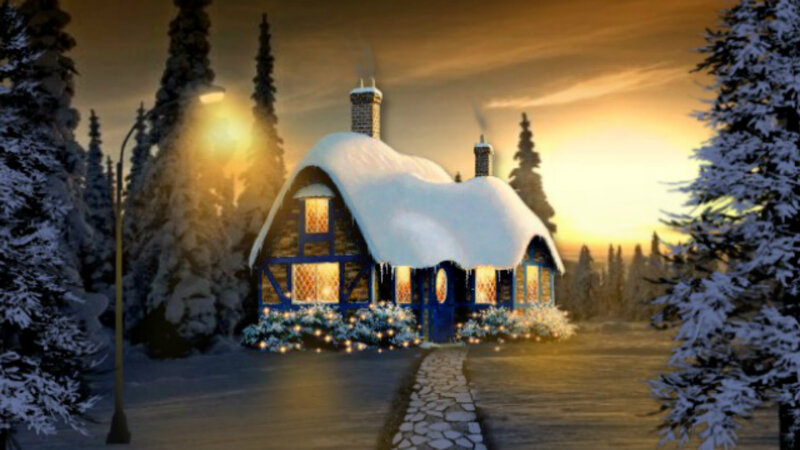 Snow-covered Cottage — White, Cozy, Winter, Digital Art