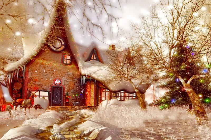 Snow-covered Cottage — White, Festive