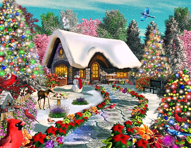 Snow-covered Cottage — White, Festive, Winter, Digital Art