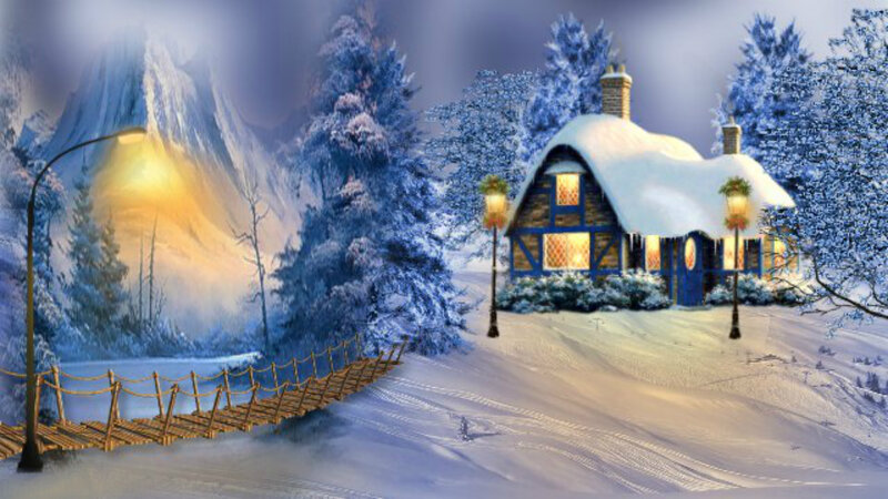 Snow-covered Cottage — White, Peaceful, Night, Digital Art