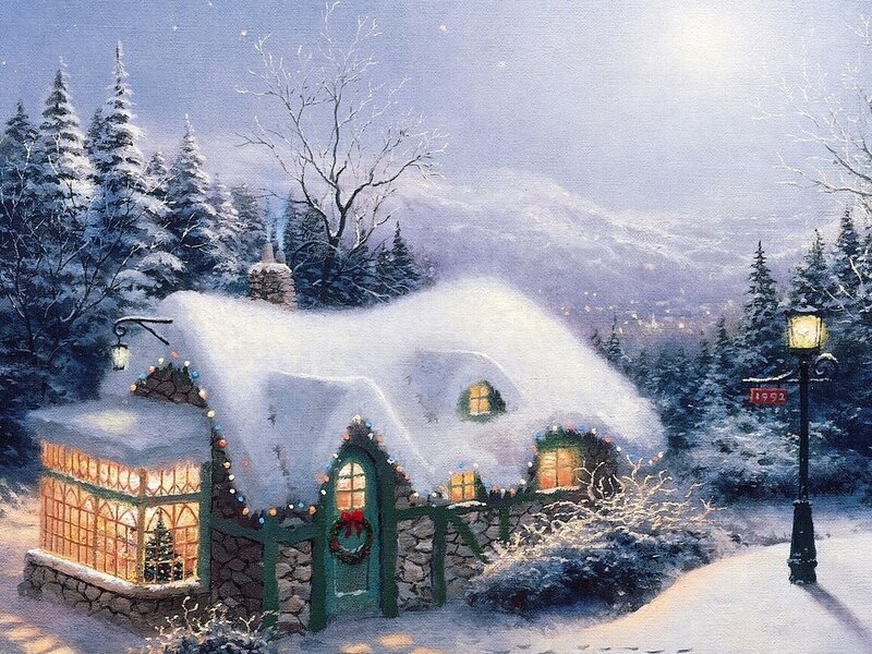 Snow-covered Cottage — White, Peaceful, Night, Painting, Christmas Lights