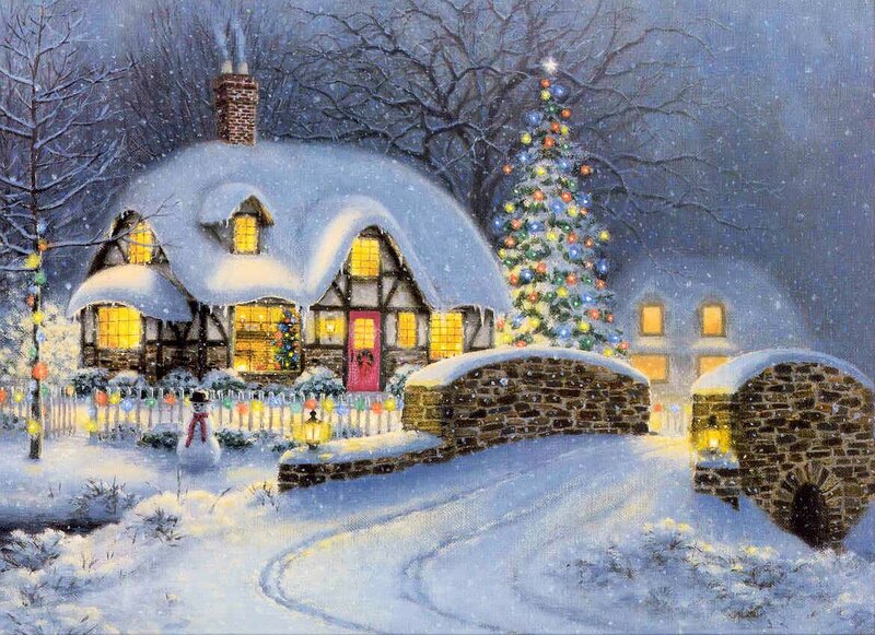 Snow-covered Cottage — White, Peaceful, Night, Painting, Christmas Tree, Snowman
