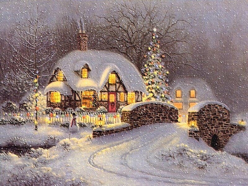Snow-covered Cottage — White, Peaceful, Night, Painting, Christmas Tree, Stone Bridge