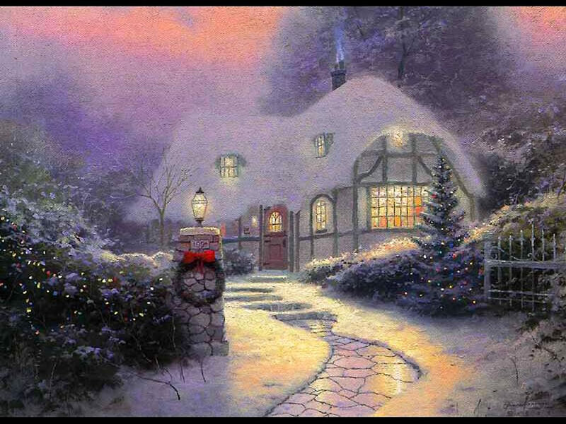 Snow-covered Cottage — White, Peaceful, Night, Painting, Path