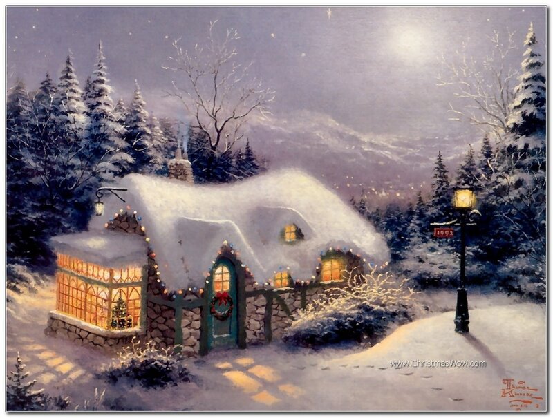Snow-covered Cottage — White, Peaceful, Night, Painting