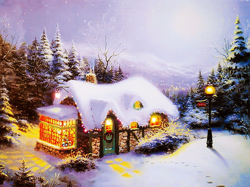 Snow-covered Cottage — White, Peaceful, Night, Painting, Trees, Street Lamp