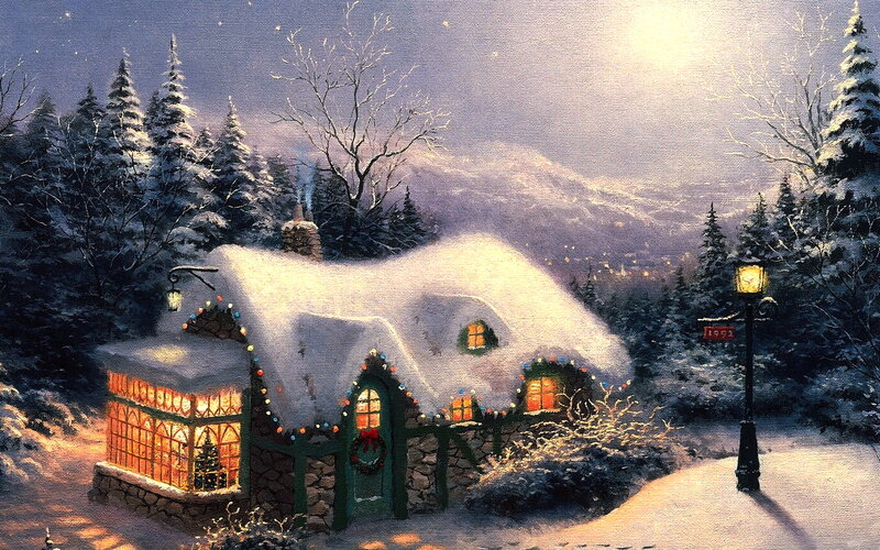 Snow-covered Cottage — White, Peaceful, Night, Painting, Trees