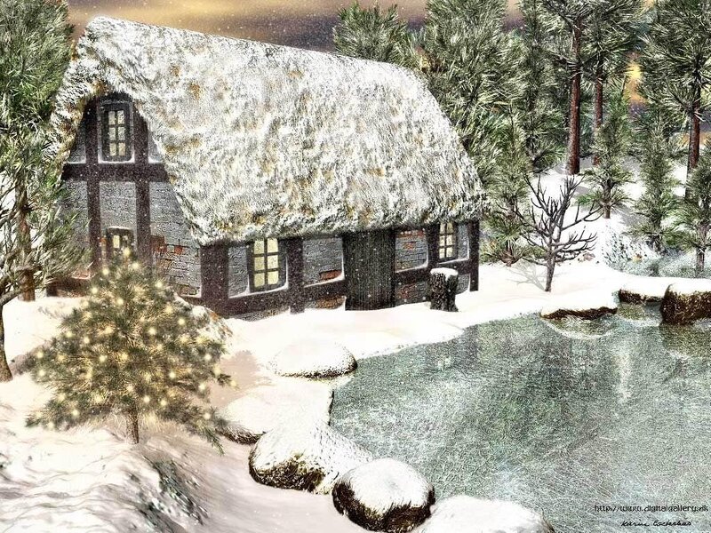 Snow-covered Cottage — White, Peaceful, Winter, Digital Art, Forest