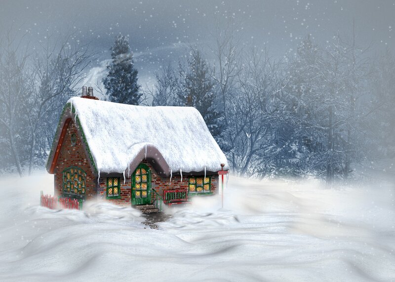 Snow-covered Cottage — White, Peaceful, Winter, Digital Art, Snow