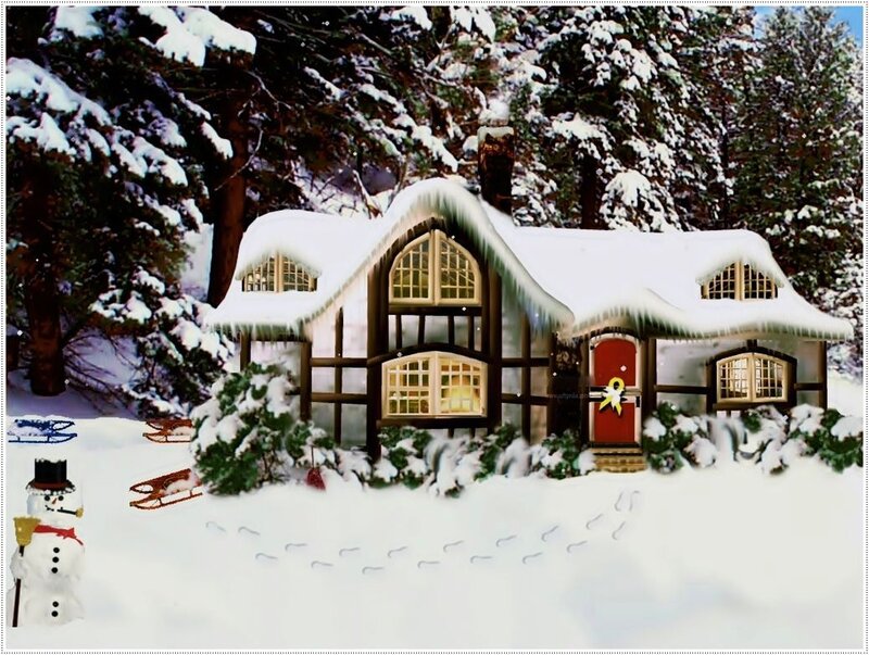 Snow-covered Cottage — White, Peaceful, Winter, Digital Art, Snowman, Sleds
