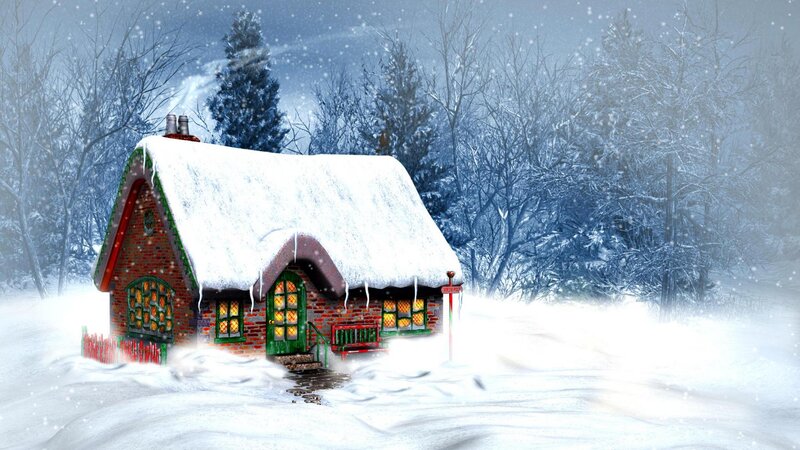 Snow-covered Cottage — White, Peaceful, Winter, Digital Art, Trees, Snow