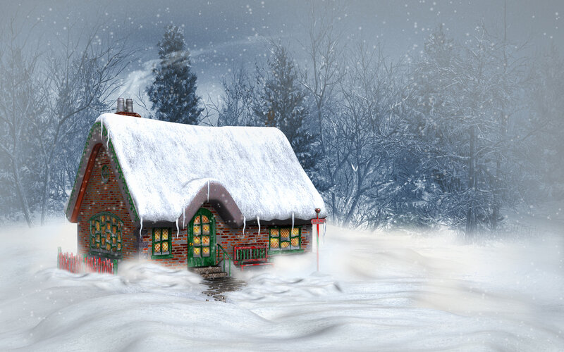 Snow-covered Cottage — White, Peaceful, Winter, Digital Art, Trees