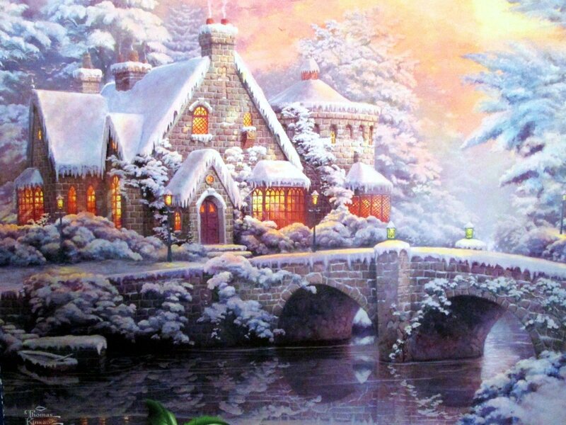 Snow-covered Cottage — White, Peaceful, Winter, Painting, Bridge