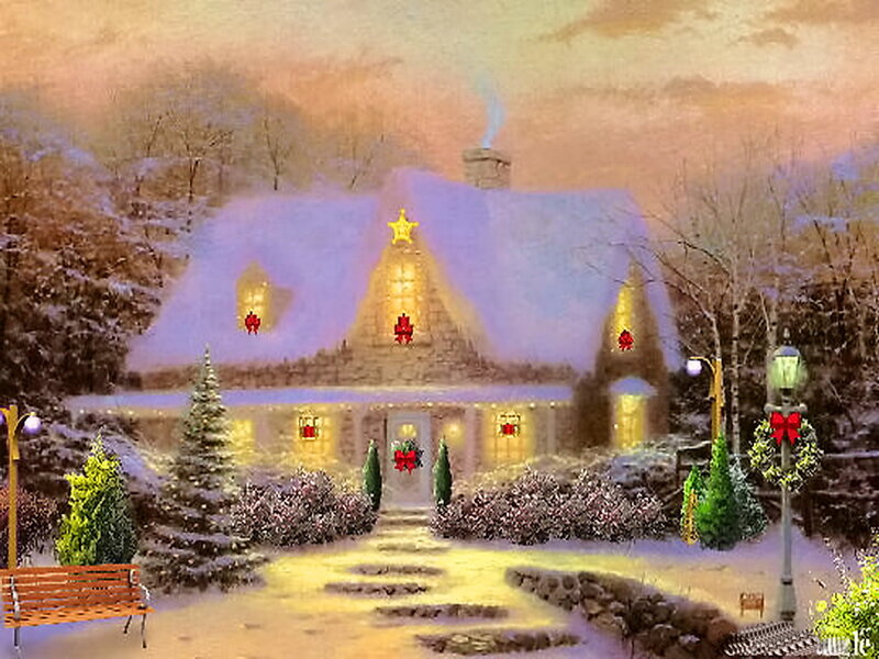 Snow-covered Cottage — White, Peaceful, Winter, Painting, Christmas Lights
