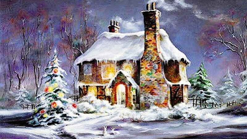 Snow-covered Cottage — White, Peaceful, Winter, Painting, Christmas Tree, Chimney