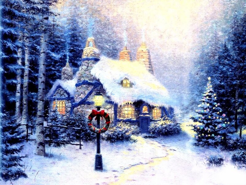 Snow-covered Cottage — White, Peaceful, Winter, Painting, Christmas Tree, Wreath, Forest