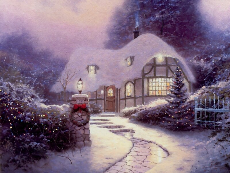 Snow-covered Cottage — White, Peaceful, Winter, Painting, Christmas Tree, Wreath