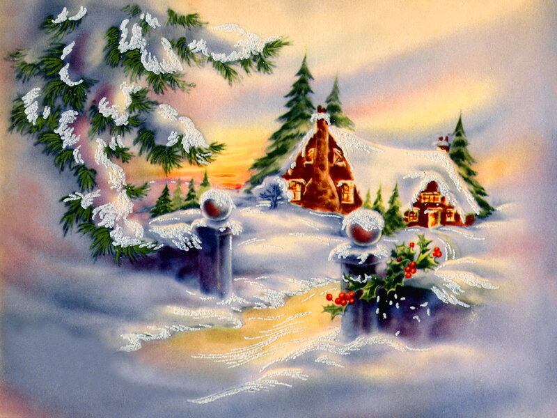 Snow-covered Cottage — White, Peaceful, Winter, Painting, Pine Trees