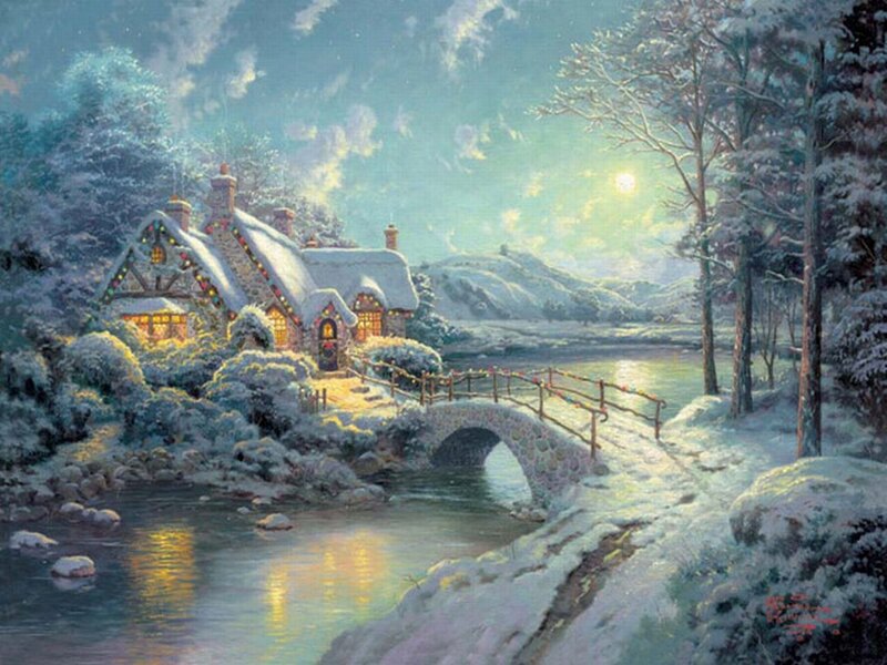 Snow-covered Cottage — White, Peaceful, Winter, Painting, River