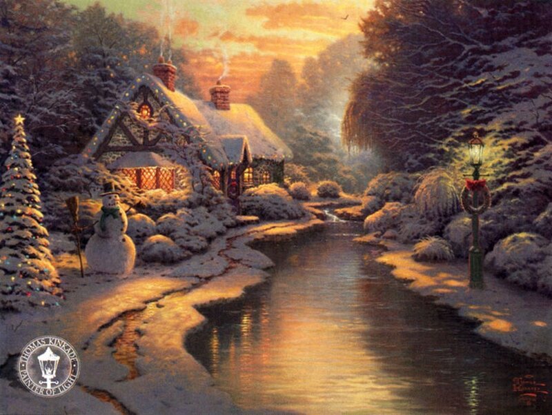 Snow-covered Cottage — White, Peaceful, Winter, Painting, Snowman, Christmas Tree