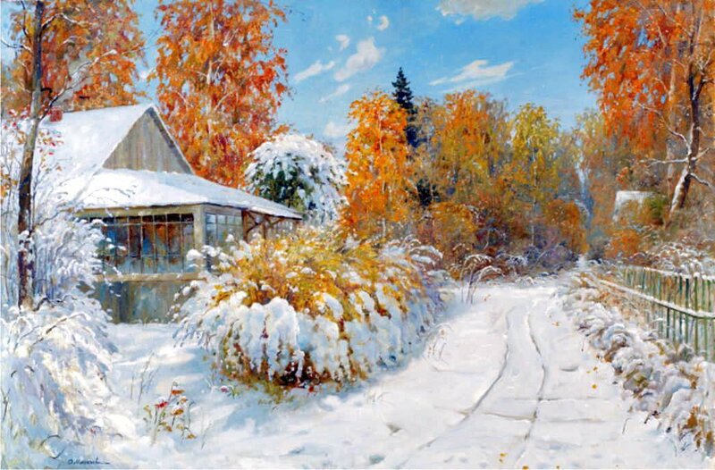 Snow-covered Cottage — White, Serene, Autumn