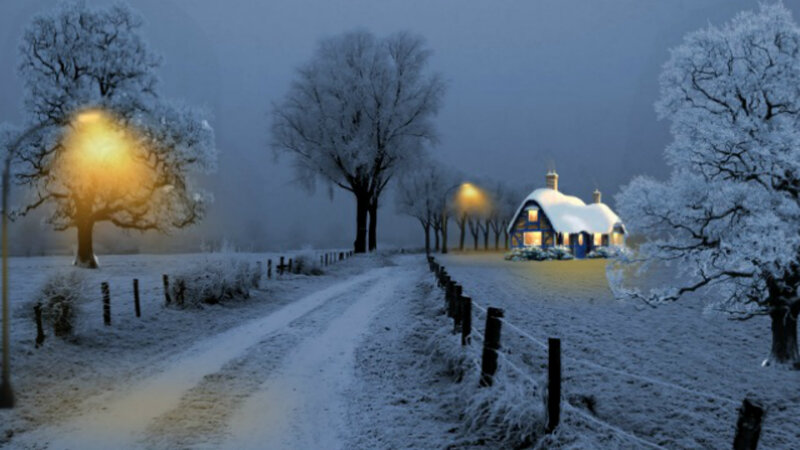 Snow-covered Cottage — White, Serene, Night, Digital Art, Road