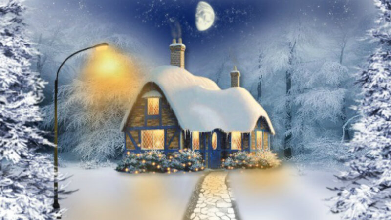 Snow-covered Cottage — White, Serene, Night, Digital Art