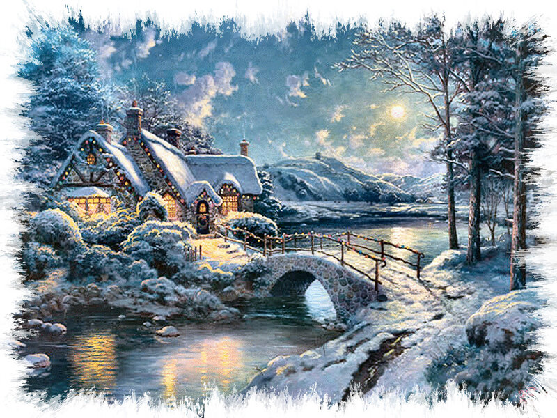 Snow-covered Cottage — White, Serene, Night, Painting