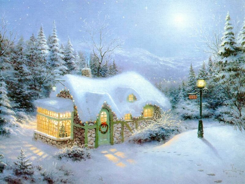 Snow-covered Cottage — White, Serene, Night, Painting, Trees