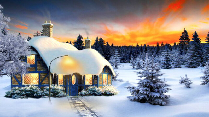 Snow-covered Cottage — White, Serene, Sunset, Digital Art