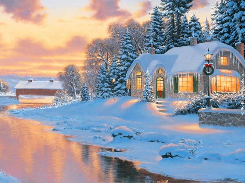 Snow-covered Cottage — White, Serene, Sunset, Painting