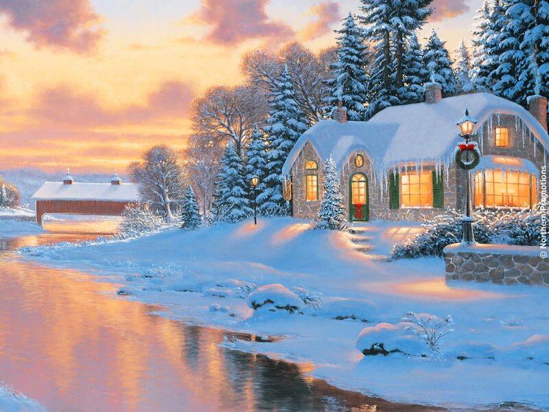 Snow-covered Cottage — White, Serene, Sunset