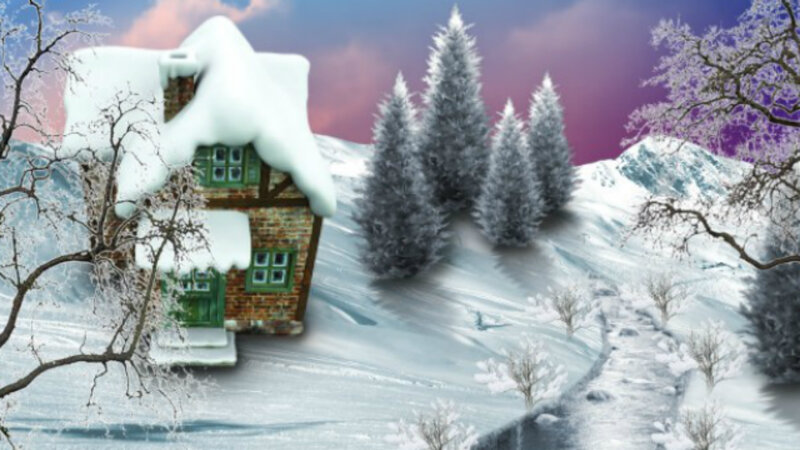Snow-covered Cottage — White, Serene, Winter, Digital Art