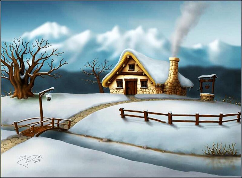 Snow-covered Cottage — White, Serene, Winter, Digital Art, Tree, Bridge