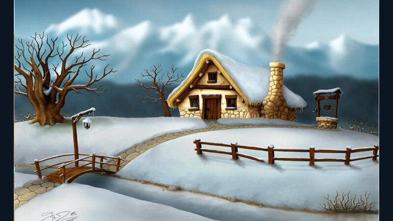 Snow-covered Cottage — White, Serene, Winter, Digital Art, Tree