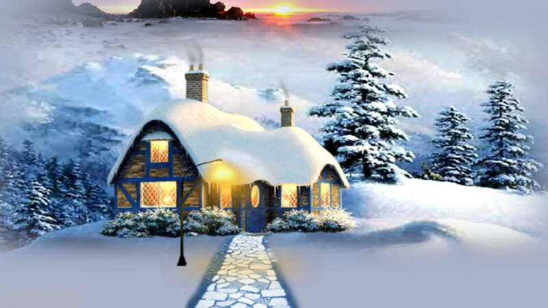 Snow-covered Cottage — White, Serene, Winter, Digital Art, Trees