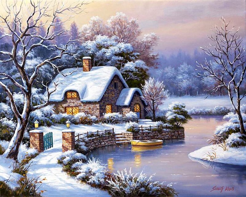 Snow-covered Cottage — White, Serene, Winter, Painting, River