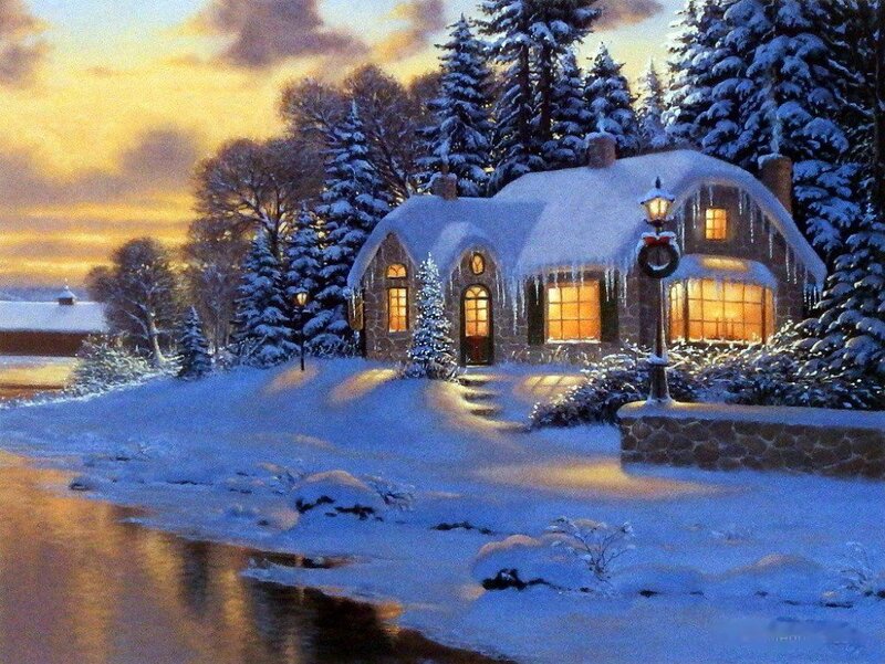 Snow-covered Cottage — White, Serene, Winter, Painting, River, Trees