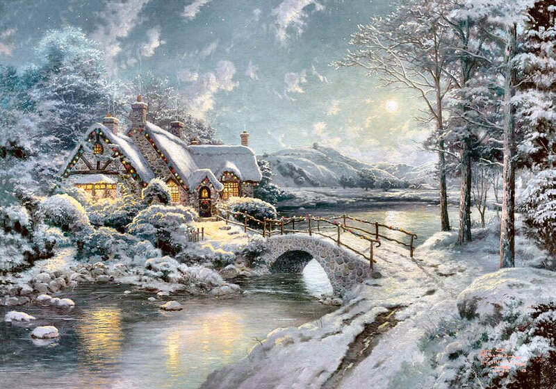 Snow-covered Cottage — White, Serene, Winter, Painting
