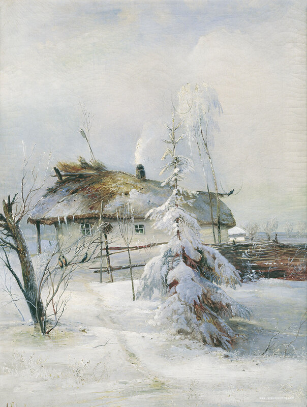Snow-covered Cottage — White, Serene, Winter, Painting, Trees, Birds