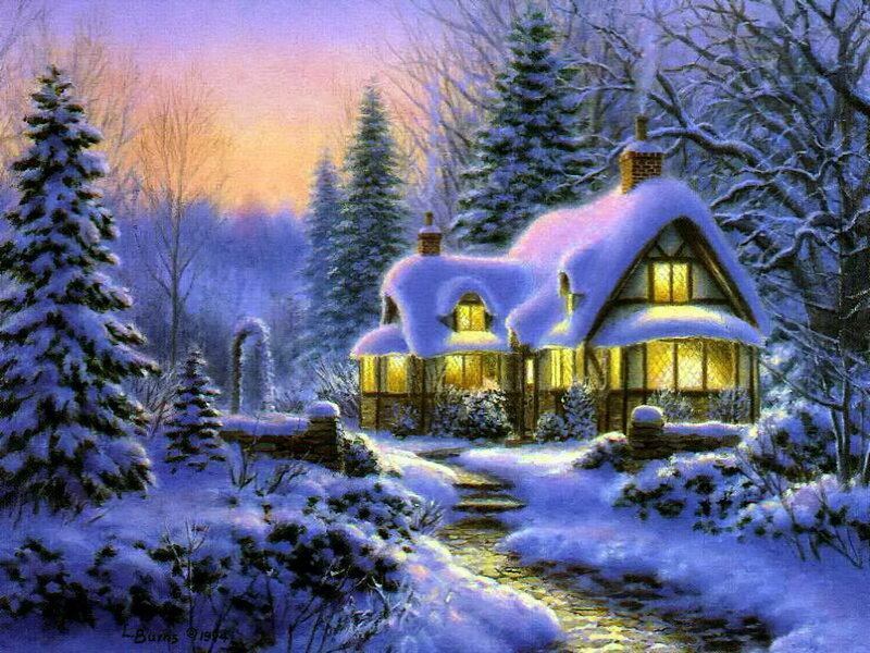 Snow-covered Cottage — White, Serene, Winter, Painting, Trees