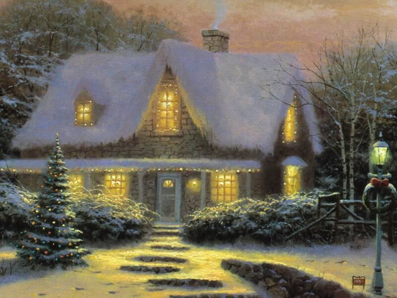 Snow-covered Cottage — Yellow, Cozy, Winter, Painting