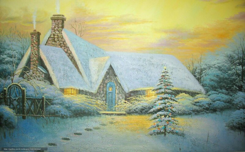 Snow-covered Cottage — Yellow, Peaceful, Winter, Painting, Chimney, Christmas Tree, Gate