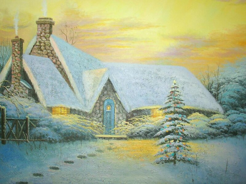Snow-covered Cottage — Yellow, Peaceful, Winter, Painting, Chimney, Christmas Tree