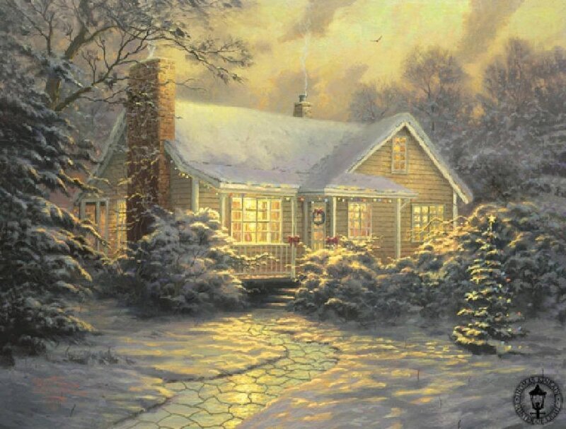 Snow-covered Cottage — Yellow, Peaceful, Winter, Painting, Chimney
