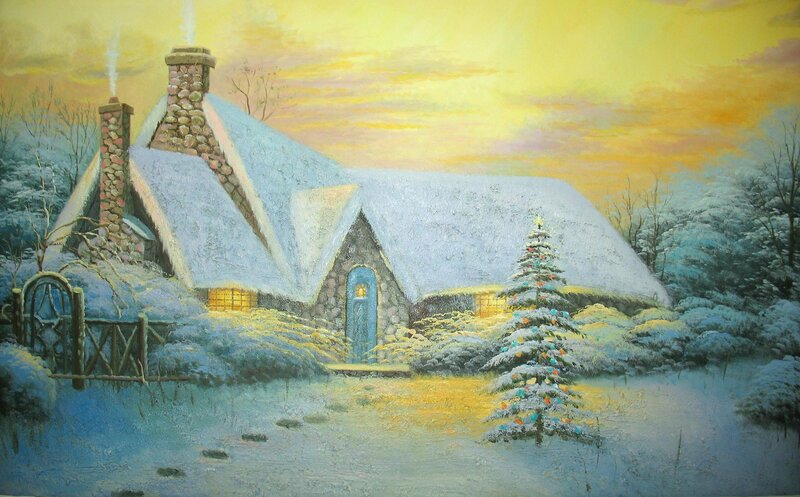 Snow-covered Cottage — Yellow, Peaceful, Winter, Painting, Christmas Tree, Chimney