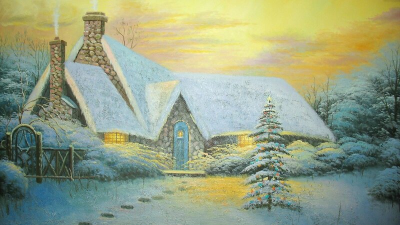 Snow-covered Cottage — Yellow, Peaceful, Winter, Painting, Christmas Tree